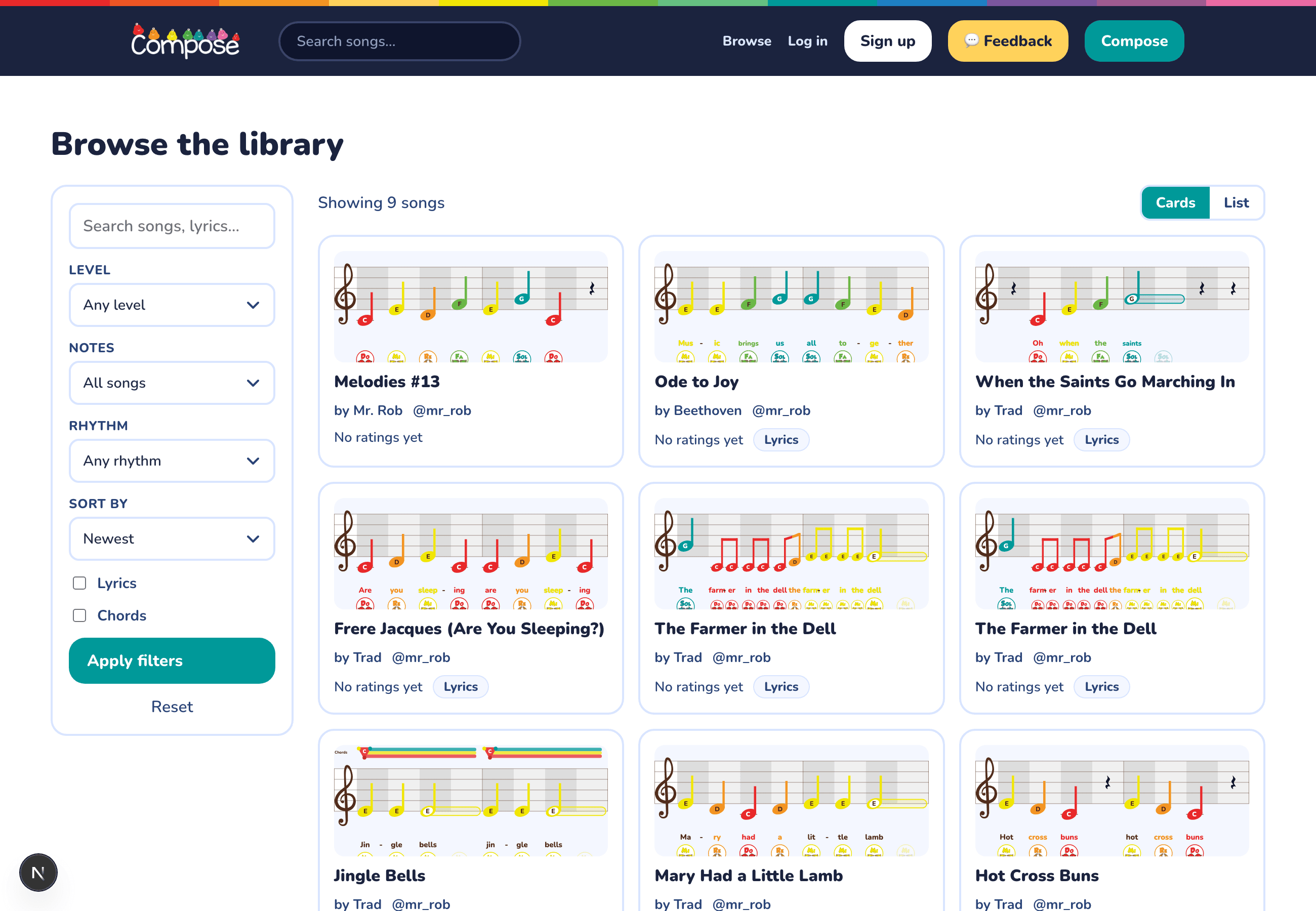 The Browse page with a filter sidebar and colorful song cards