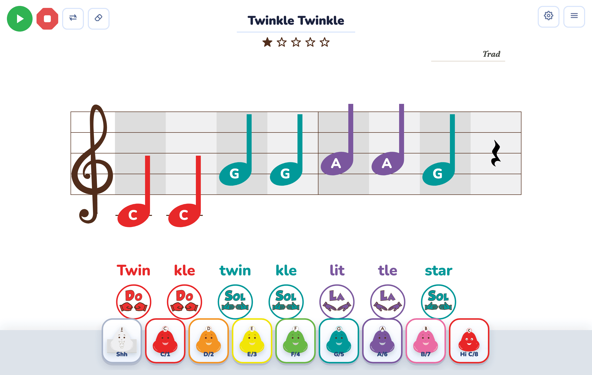 The Compose Tool showing a colorful melody with lyrics and hand signs