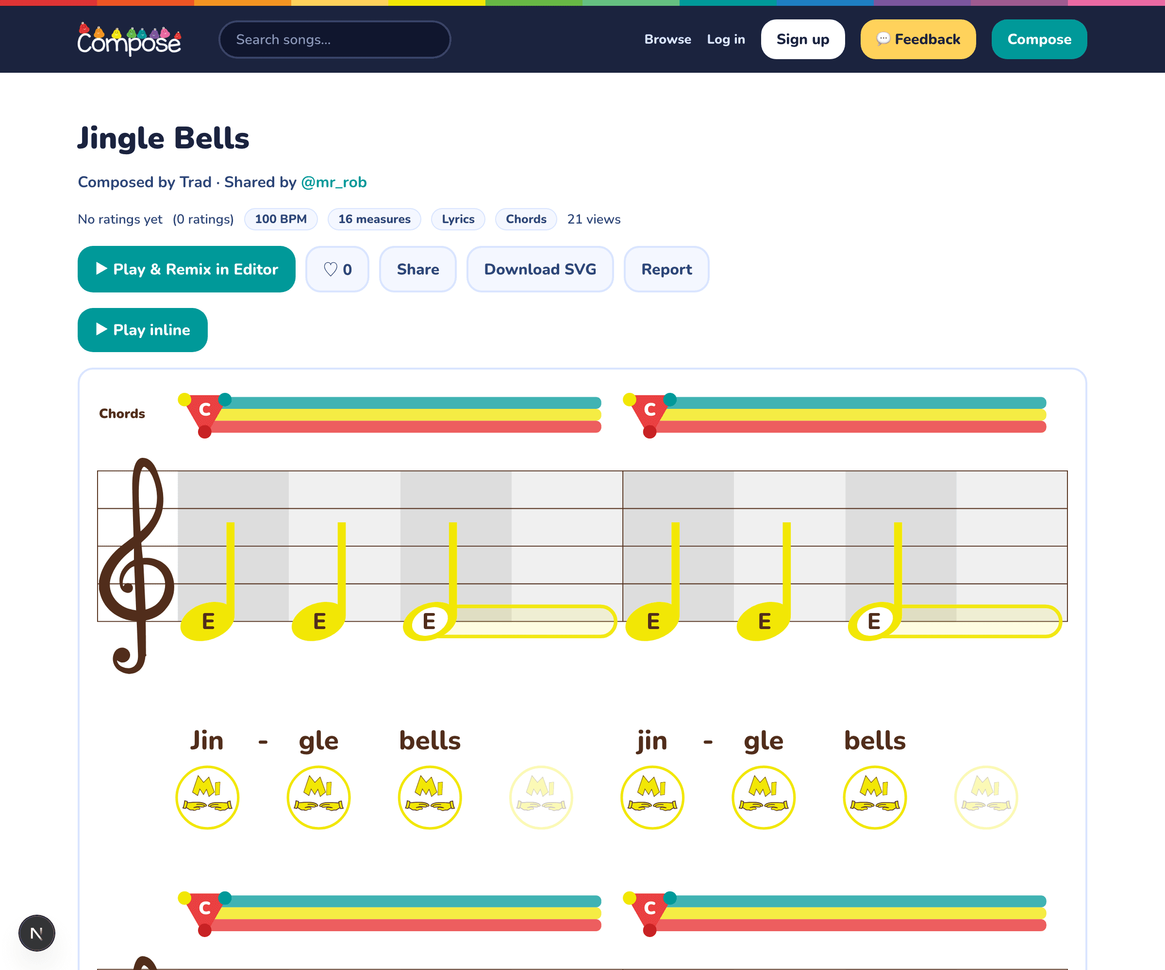 A song page showing the score with actions to play, remix, share, and download
